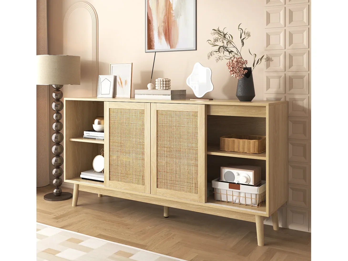Aparador elegante - aparador bajo con 3 puertas de ratán y 2 cajones - patas de madera - para salón y dormitorio