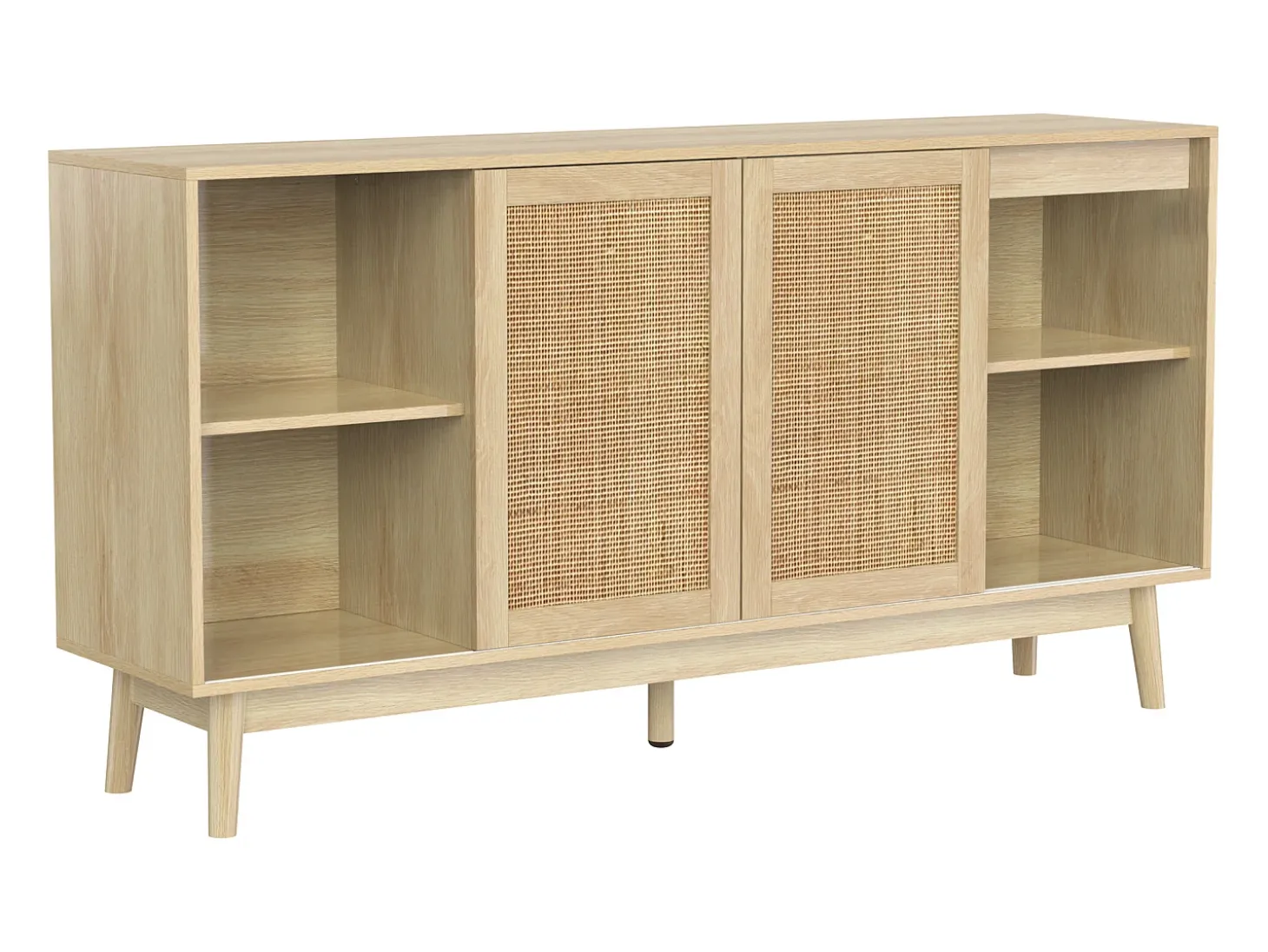 Aparador elegante - aparador bajo con 3 puertas de ratán y 2 cajones - patas de madera - para salón y dormitorio