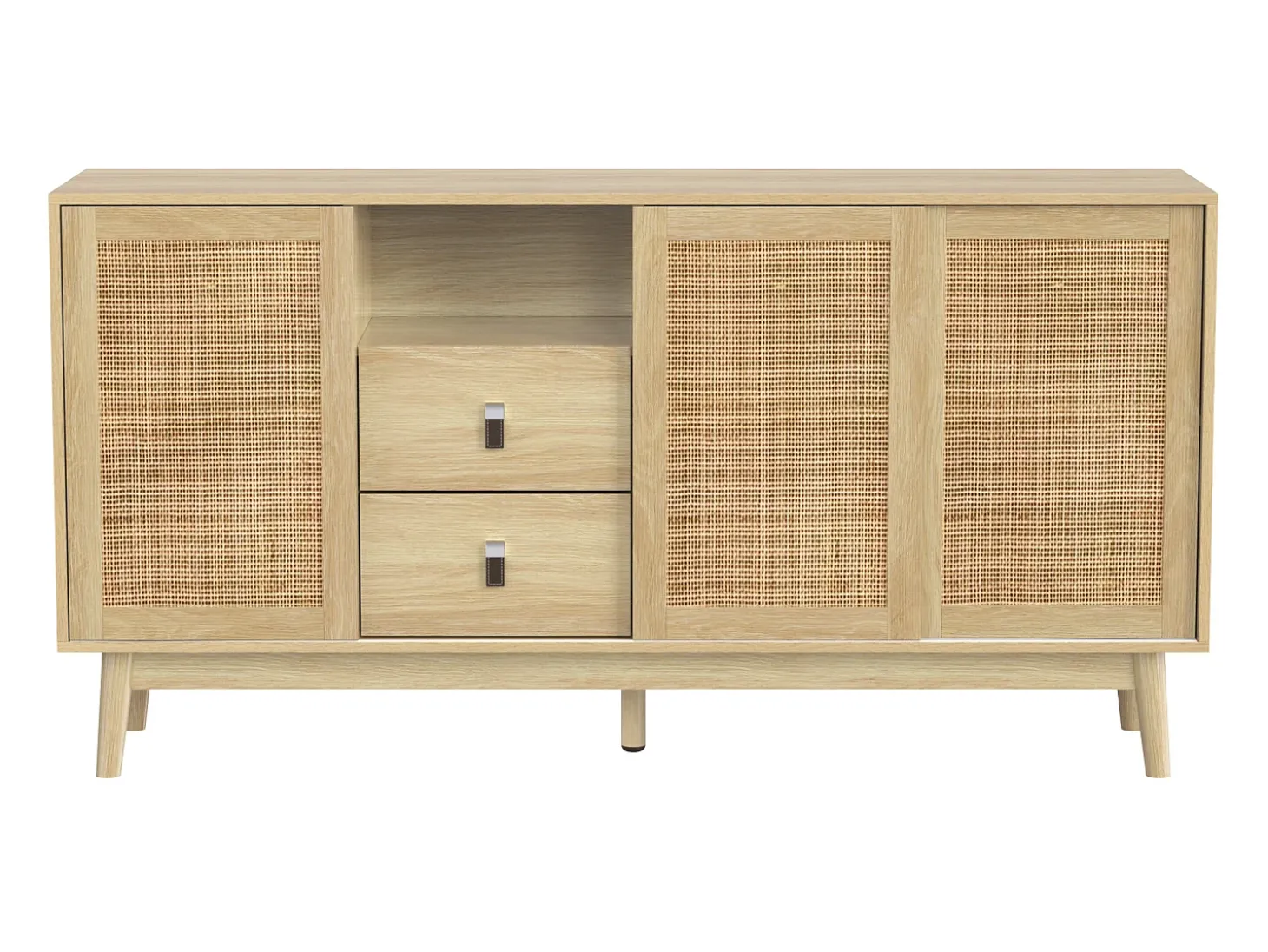 Aparador elegante - aparador bajo con 3 puertas de ratán y 2 cajones - patas de madera - para salón y dormitorio