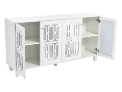 Aparador elegante con espejo blanco, versátil, 4 puertas y estante ajustable.