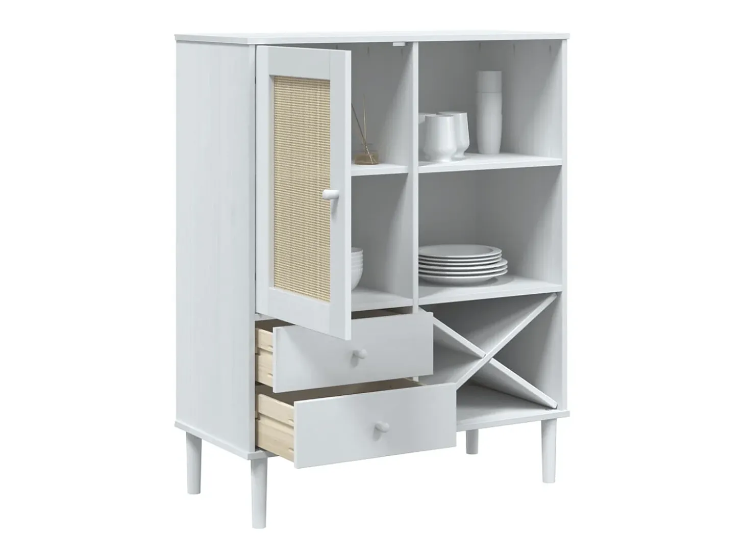 Aparador en imitación ratán blanco 90x40x112cm madera maciza de pino