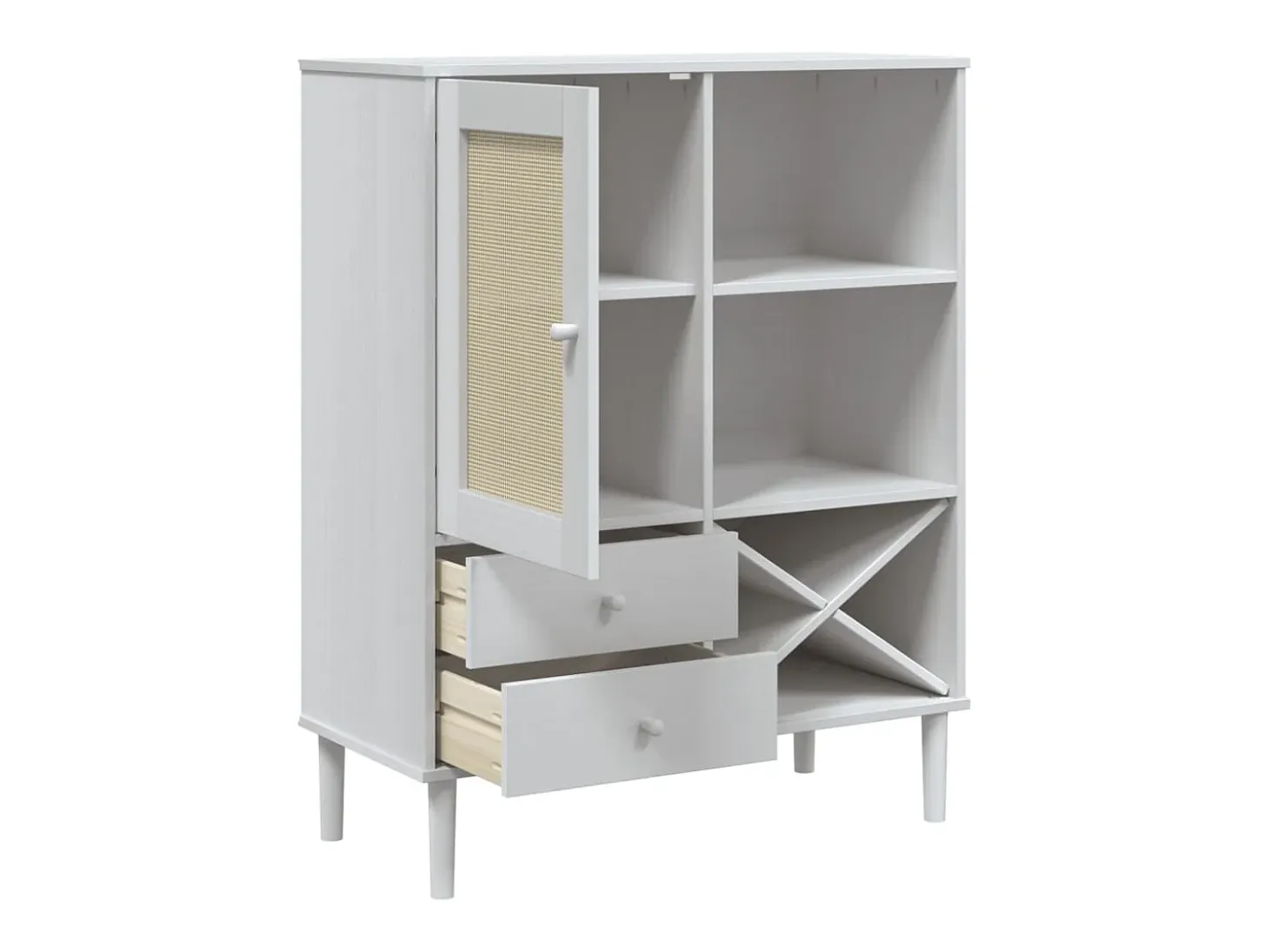 Aparador en imitación ratán blanco 90x40x112cm madera maciza de pino