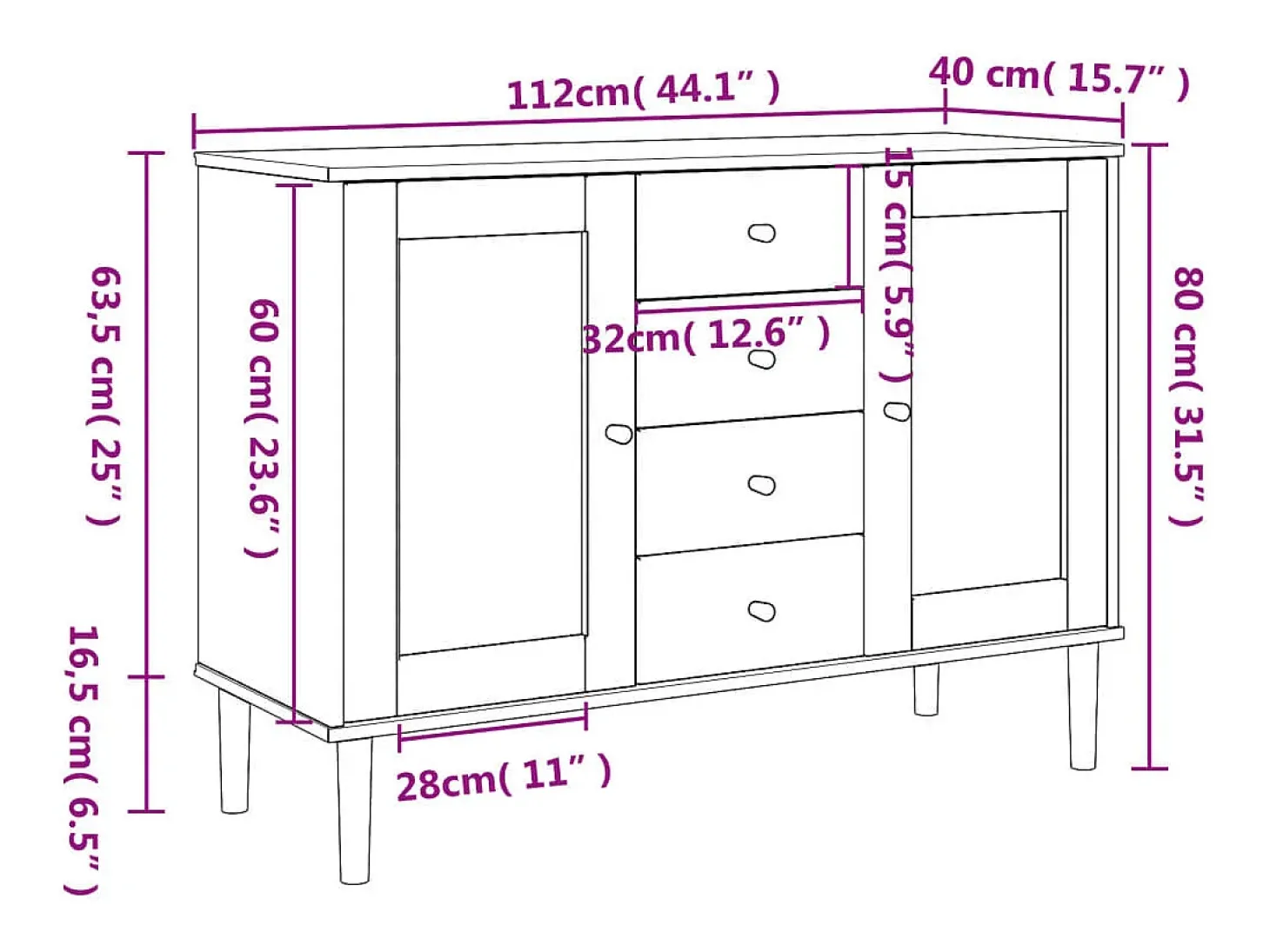 Aparador en imitación ratán marrón 112x40x80cm madera maciza de pino