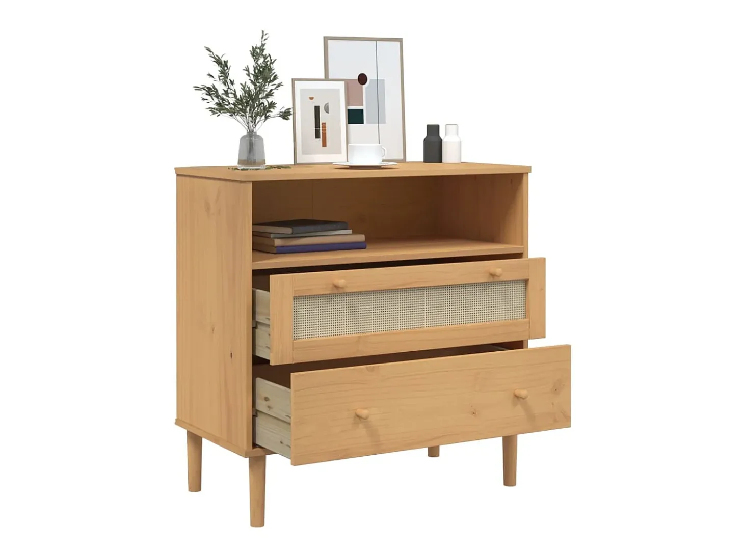 Aparador en imitación ratán marrón 80x40x80 cm madera maciza de pino