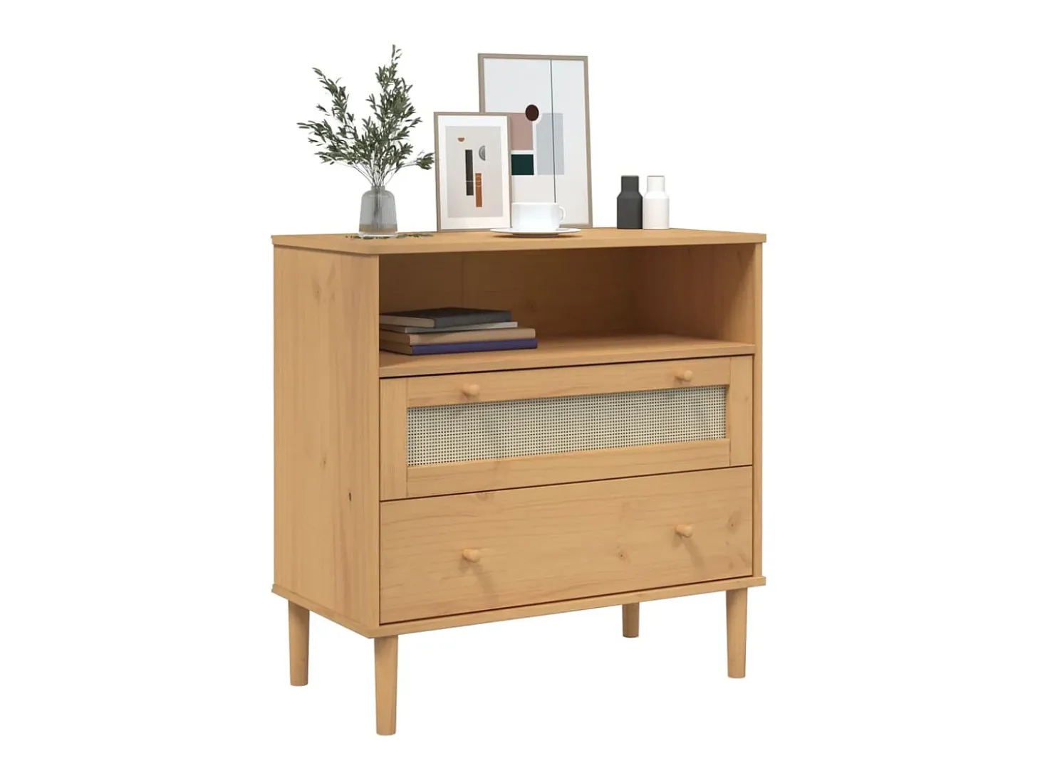 Aparador en imitación ratán marrón 80x40x80 cm madera maciza de pino