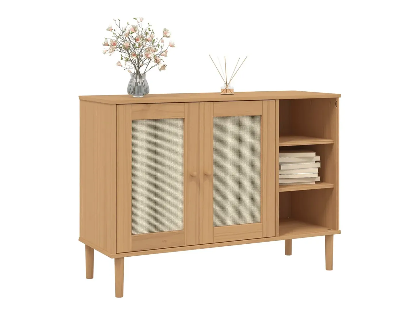 Aparador en imitación ratán marrón 112x40x80cm madera maciza de pino