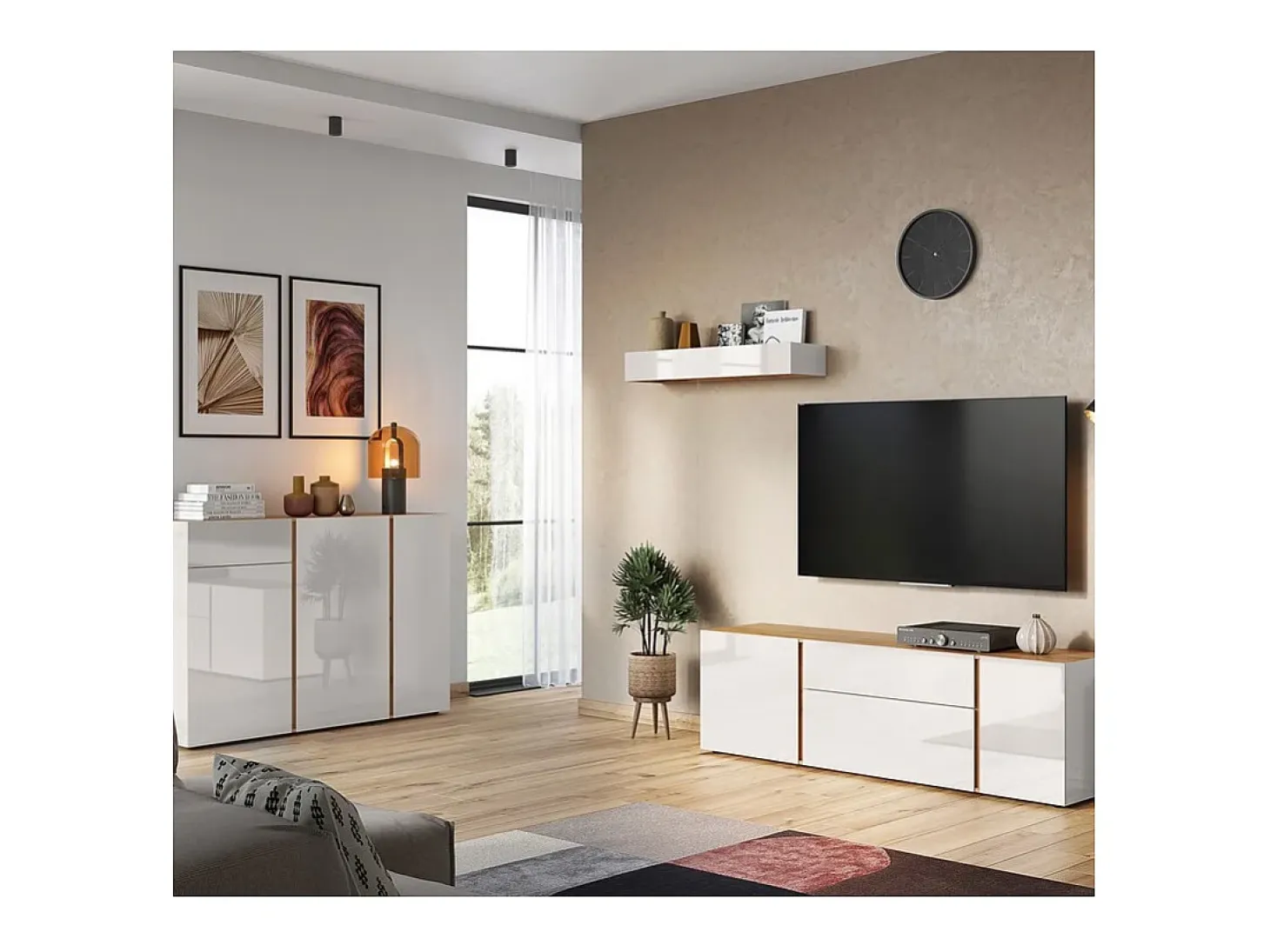 Aparador escandinavo beige y madera con marco de cristal CHLOE