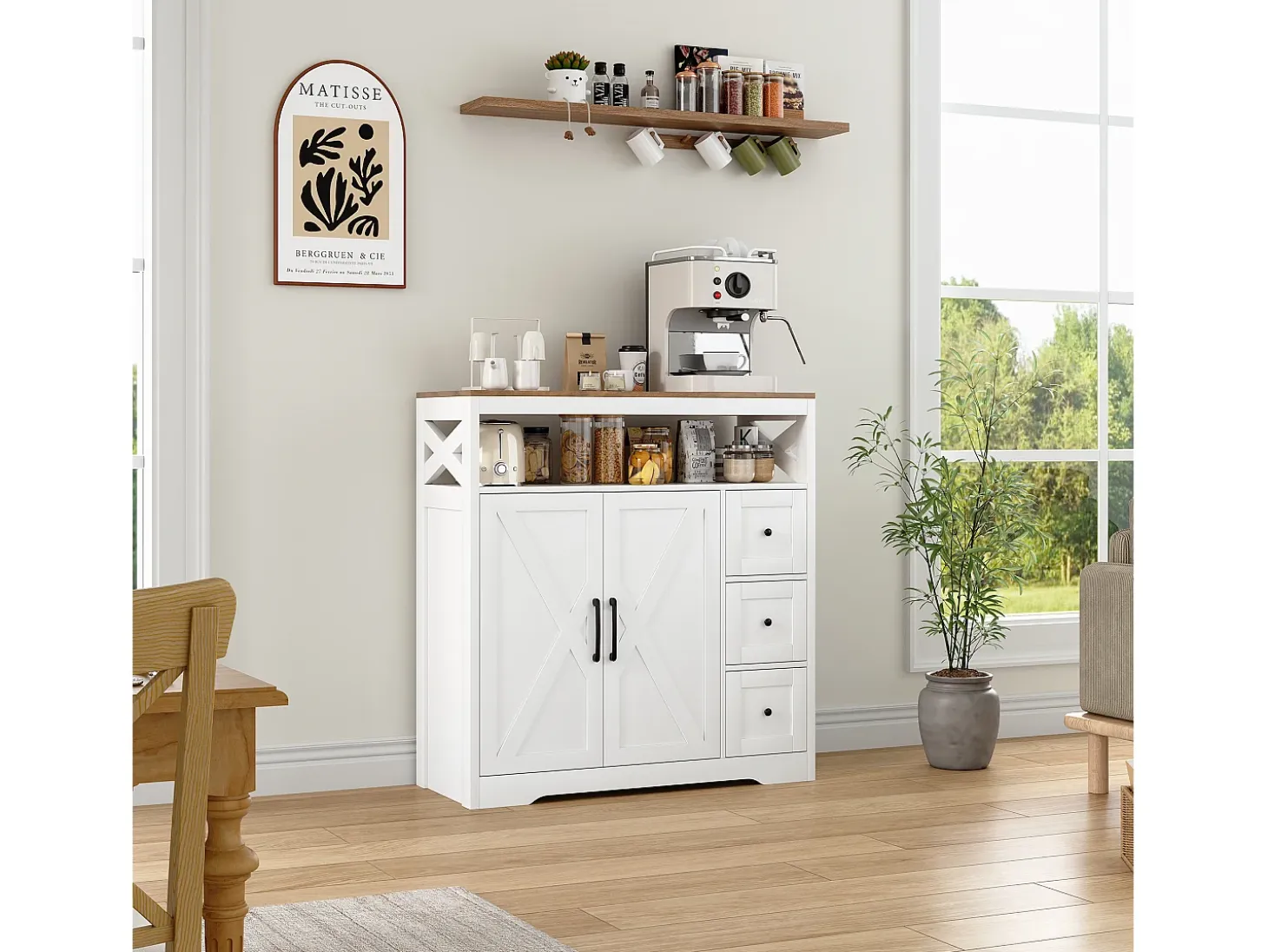 Aparador escandinavo con 3 cajones y 2 puertas, 100 cm – Blanco y madera