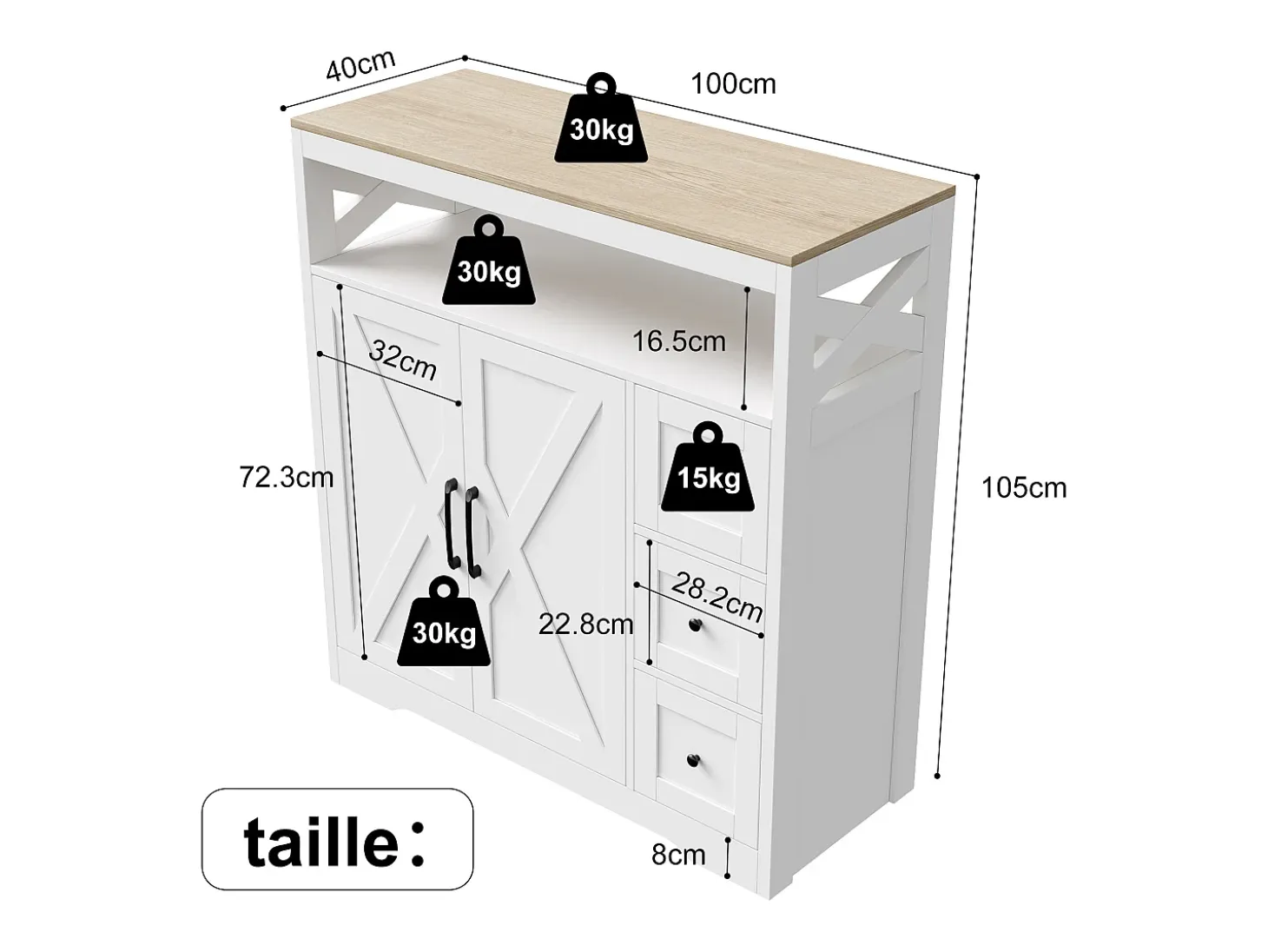 Aparador escandinavo con 3 cajones y 2 puertas, 100 cm – Blanco y madera