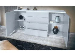 Aparador Faro V2 – Mueble con 2 Puertas y 4 Cajones, Armario con Tira de Luz LED, blanco mate / negro de alto brillo (166,5 x 75,5 x 35)