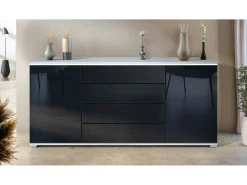 Aparador Faro V2 – Mueble con 2 Puertas y 4 Cajones, Armario con Tira de Luz LED, blanco mate / negro de alto brillo (166,5 x 75,5 x 35)