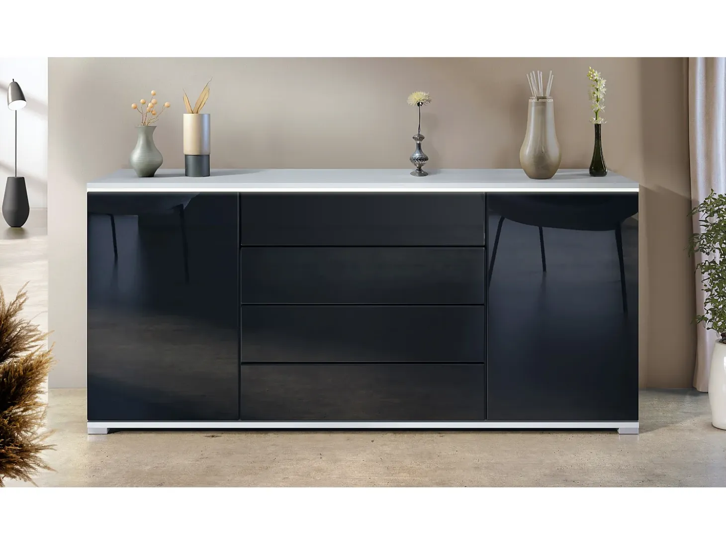 Aparador Faro V2 – Mueble con 2 Puertas y 4 Cajones, Armario con Tira de Luz LED, blanco mate / negro de alto brillo (166,5 x 75,5 x 35)