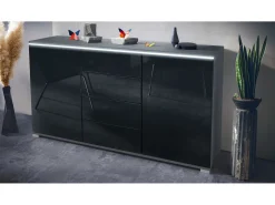 Aparador Faro V1 – Mueble con 2 Puertas y 4 Cajones, Armario con Tira de Luz LED, antracita mate / negro de alto brillo (138,5 x 75,5 x 35)