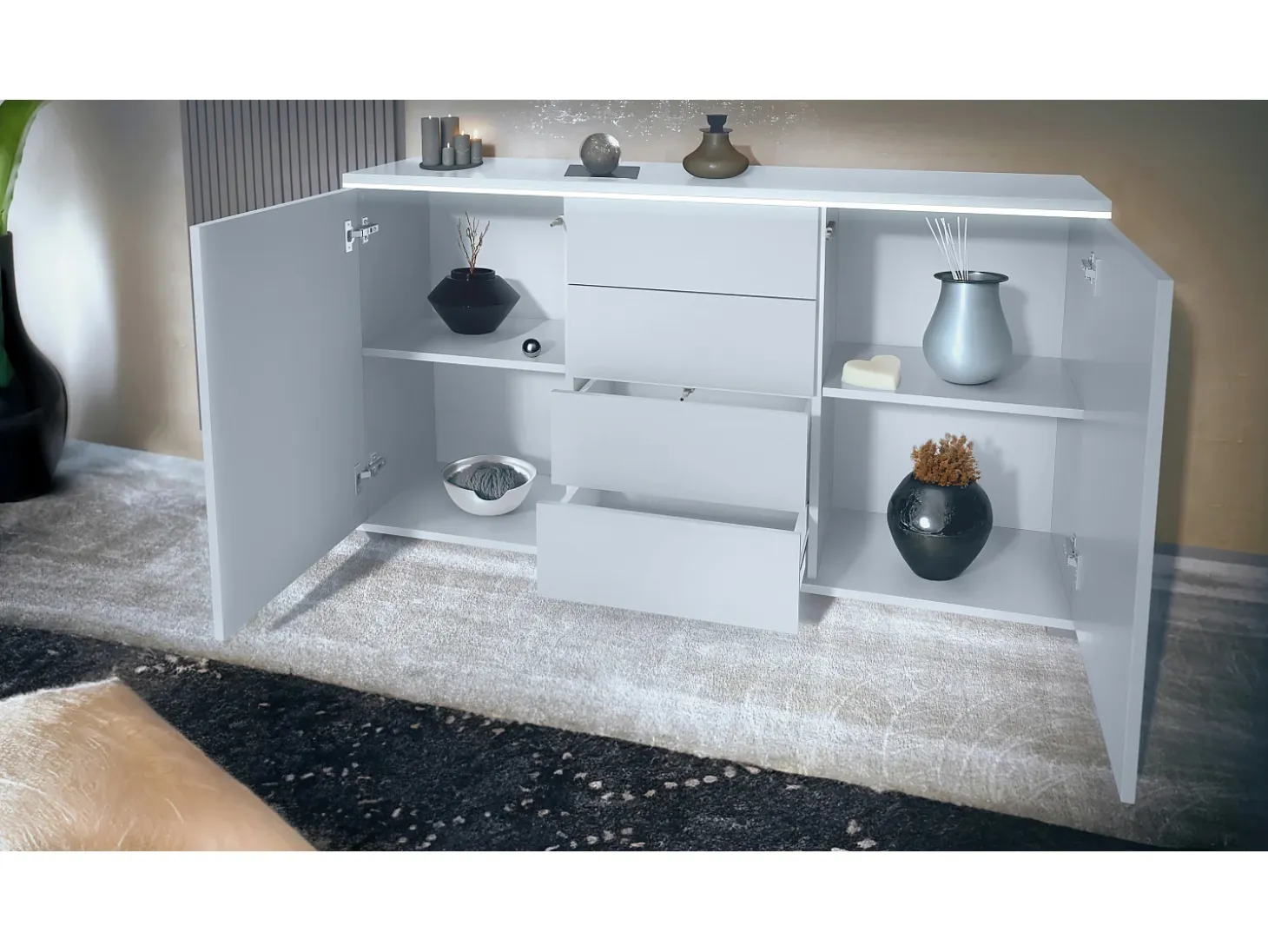 Aparador Faro V1 – Mueble con 2 Puertas y 4 Cajones, Armario con Tira de Luz LED, blanco mate / negro de alto brillo (138,5 x 75,5 x 35)