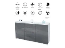 Aparador Faro V1 – Mueble con 2 Puertas y 4 Cajones, Armario con Tira de Luz LED, blanco mate / negro de alto brillo (138,5 x 75,5 x 35)