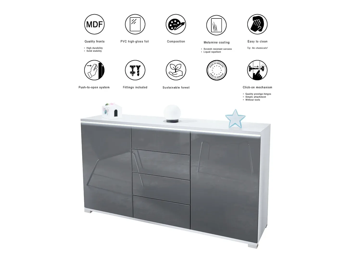 Aparador Faro V1 – Mueble con 2 Puertas y 4 Cajones, Armario con Tira de Luz LED, blanco mate / negro de alto brillo (138,5 x 75,5 x 35)