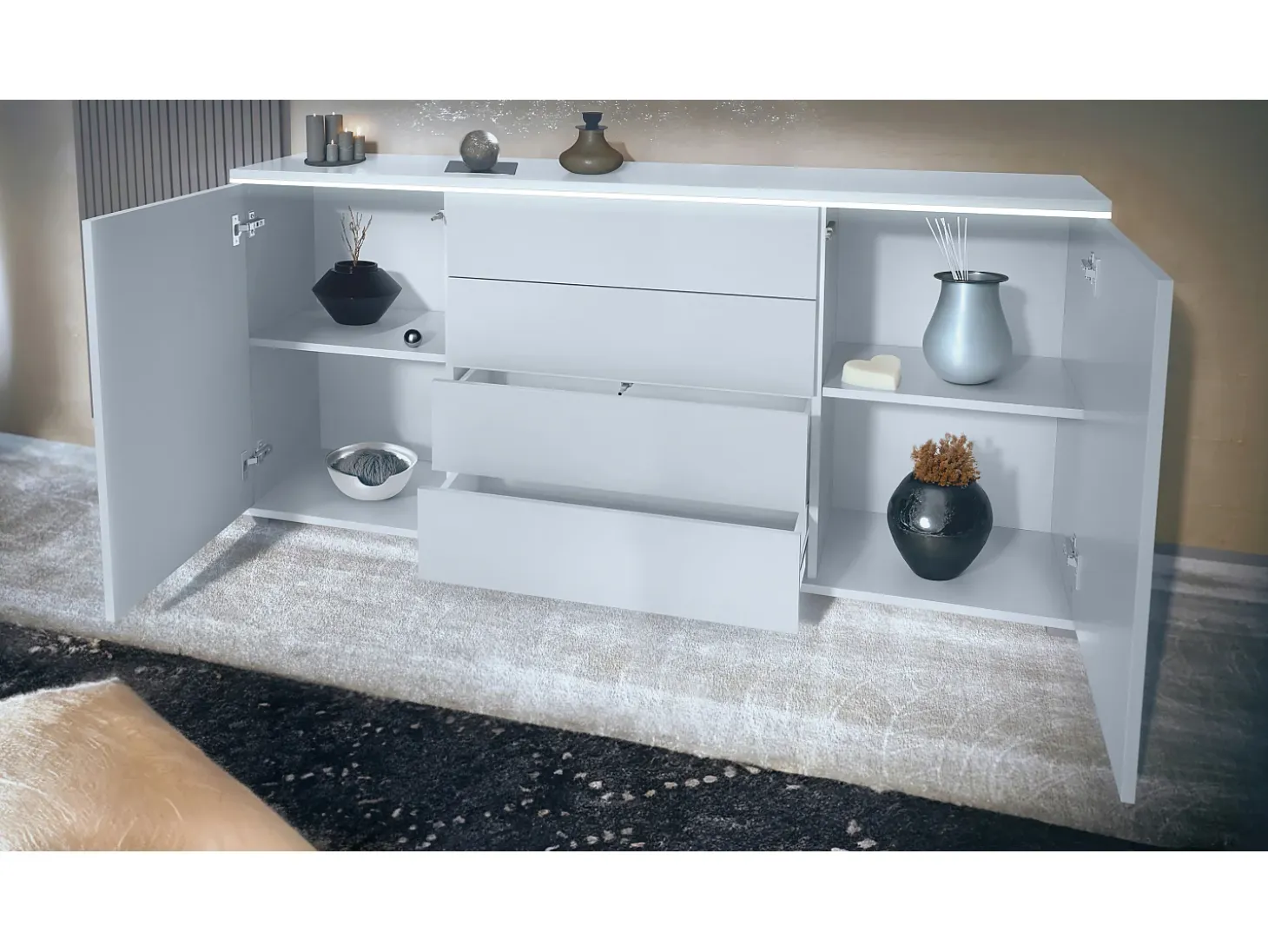 Aparador Faro V2 – Mueble con 2 Puertas y 4 Cajones, Armario con Tira de Luz LED, blanco mate / crema de alto brillo (166,5 x 75,5 x 35)