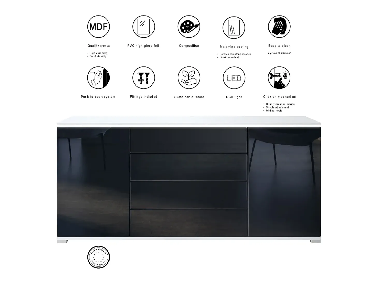 Aparador Faro V2 – Mueble con 2 Puertas y 4 Cajones, Armario con Tira de Luz LED, blanco mate / crema de alto brillo (166,5 x 75,5 x 35)