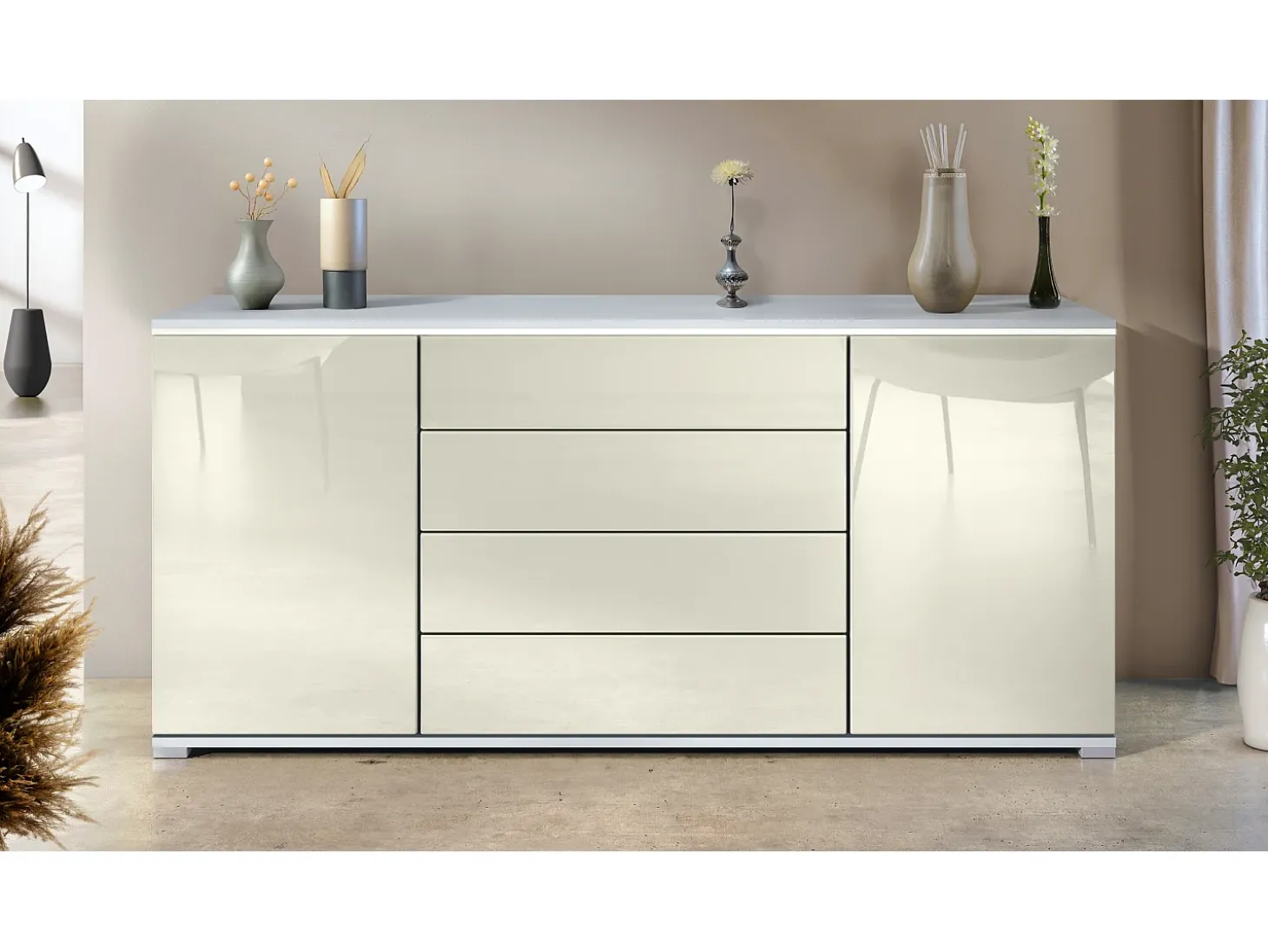 Aparador Faro V2 – Mueble con 2 Puertas y 4 Cajones, Armario con Tira de Luz LED, blanco mate / crema de alto brillo (166,5 x 75,5 x 35)