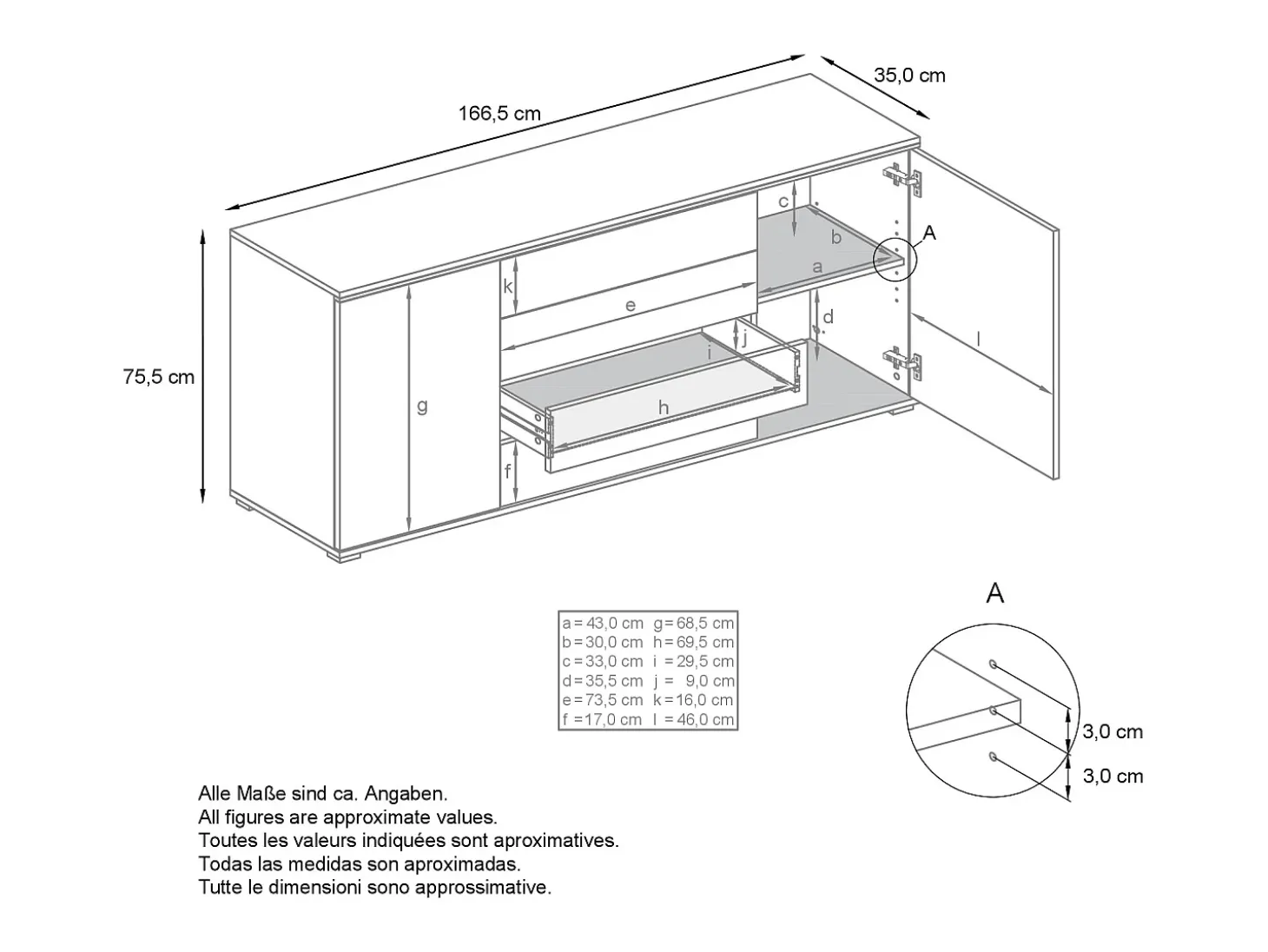 Aparador Faro V2 – Mueble con 2 Puertas y 4 Cajones, Armario con Tira de Luz LED, blanco mate / crema de alto brillo (166,5 x 75,5 x 35)