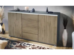 Aparador Faro V1 – Mueble con 2 Puertas y 4 Cajones, Armario con Tira de Luz LED, antracita mate / Roble Evoke (138,5 x 75,5 x 35)
