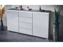 Aparador Faro V1 – Mueble con 2 Puertas y 4 Cajones, Armario con Tira de Luz LED, antracita mate / blanco de alto brillo (138,5 x 75,5 x 35)
