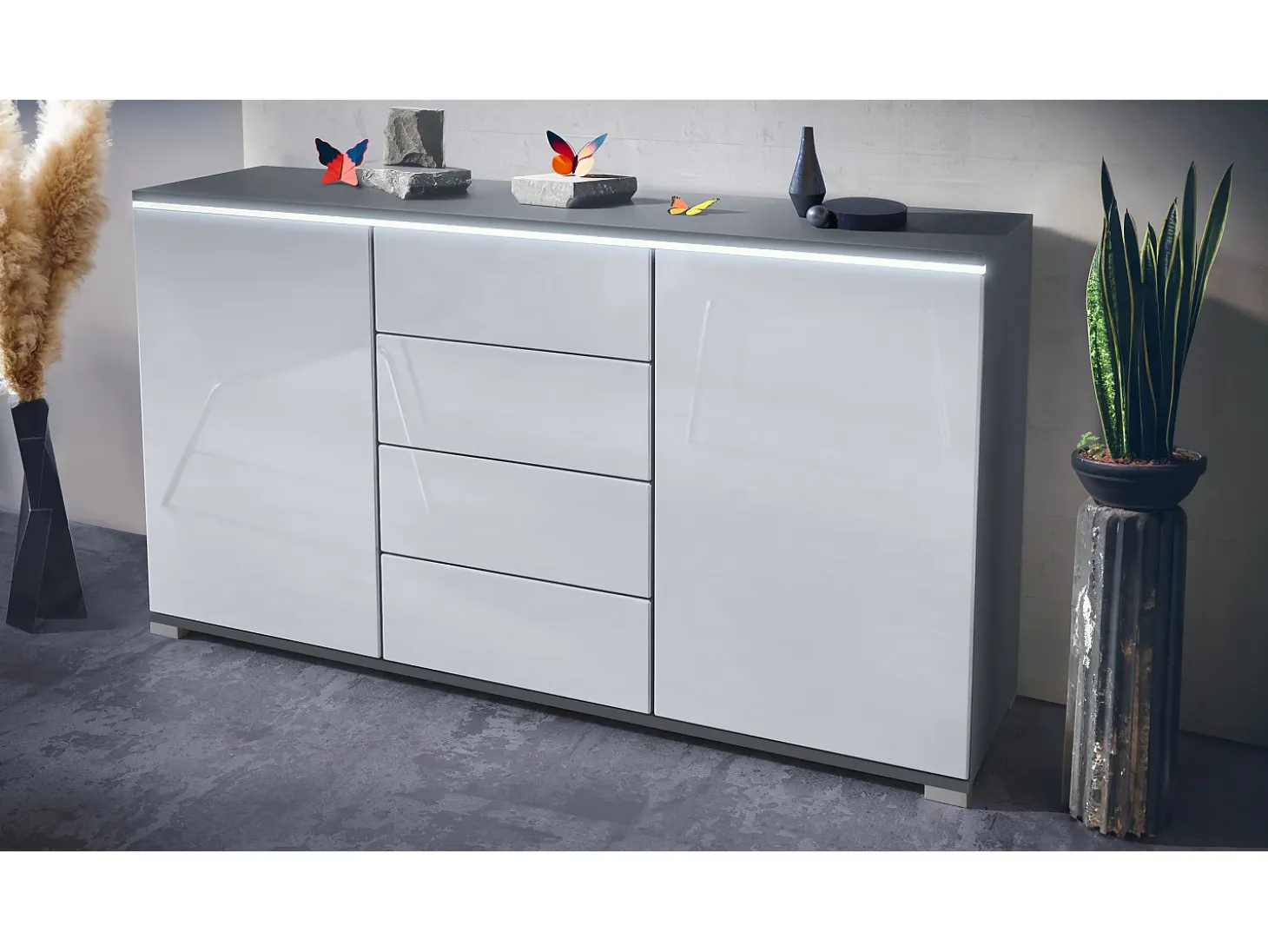 Aparador Faro V1 – Mueble con 2 Puertas y 4 Cajones, Armario con Tira de Luz LED, antracita mate / blanco de alto brillo (138,5 x 75,5 x 35)
