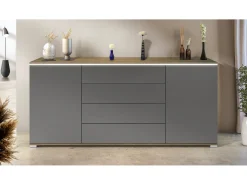Aparador Faro V2 – Mueble con 2 Puertas y 4 Cajones, Armario con Tira de Luz LED, Roble Evoke / antracita mate (166,5 x 75,5 x 35)