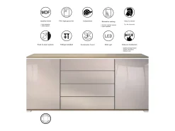 Aparador Faro V2 – Mueble con 2 Puertas y 4 Cajones, Armario con Tira de Luz LED, Roble Evoke / negro de alto brillo (166,5 x 75,5 x 35)