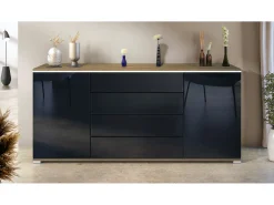 Aparador Faro V2 – Mueble con 2 Puertas y 4 Cajones, Armario con Tira de Luz LED, Roble Evoke / negro de alto brillo (166,5 x 75,5 x 35)