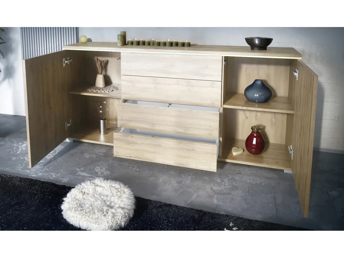 Aparador Faro V2 – Mueble con 2 Puertas y 4 Cajones, Armario con Tira de Luz LED, Roble Evoke / negro de alto brillo (166,5 x 75,5 x 35)
