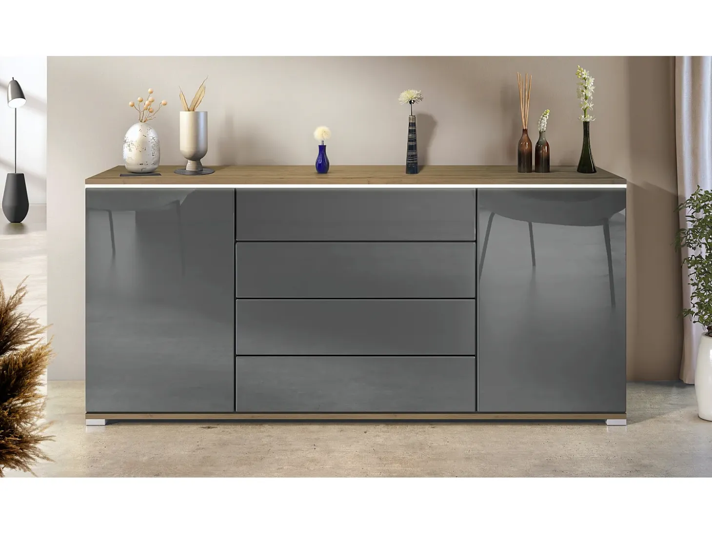 Aparador Faro V2 – Mueble con 2 Puertas y 4 Cajones, Armario con Tira de Luz LED, Roble Evoke / gris de alto brillo (166,5 x 75,5 x 35)
