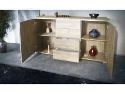 Aparador Faro V1 – Mueble con 2 Puertas y 4 Cajones, Armario con Tira de Luz LED, Roble Evoke / gris arena de alto brillo (138,5 x 75,5 x 35)