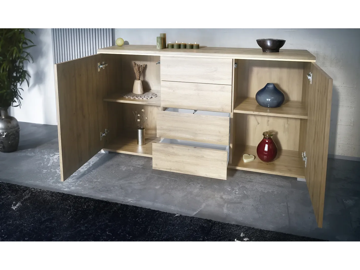Aparador Faro V1 – Mueble con 2 Puertas y 4 Cajones, Armario con Tira de Luz LED, Roble Evoke / gris arena de alto brillo (138,5 x 75,5 x 35)