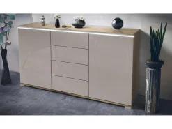 Aparador Faro V1 – Mueble con 2 Puertas y 4 Cajones, Armario con Tira de Luz LED, Roble Evoke / gris arena de alto brillo (138,5 x 75,5 x 35)