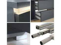 Aparador Faro V1 – Mueble con 2 Puertas y 4 Cajones, Armario con Tira de Luz LED, antracita mate / burdeos de alto brillo (138,5 x 75,5 x 35)
