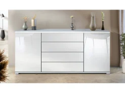 Aparador Faro V2 – Mueble con 2 Puertas y 4 Cajones, Armario con Tira de Luz LED, blanco mate / blanco de alto brillo (166,5 x 75,5 x 35)