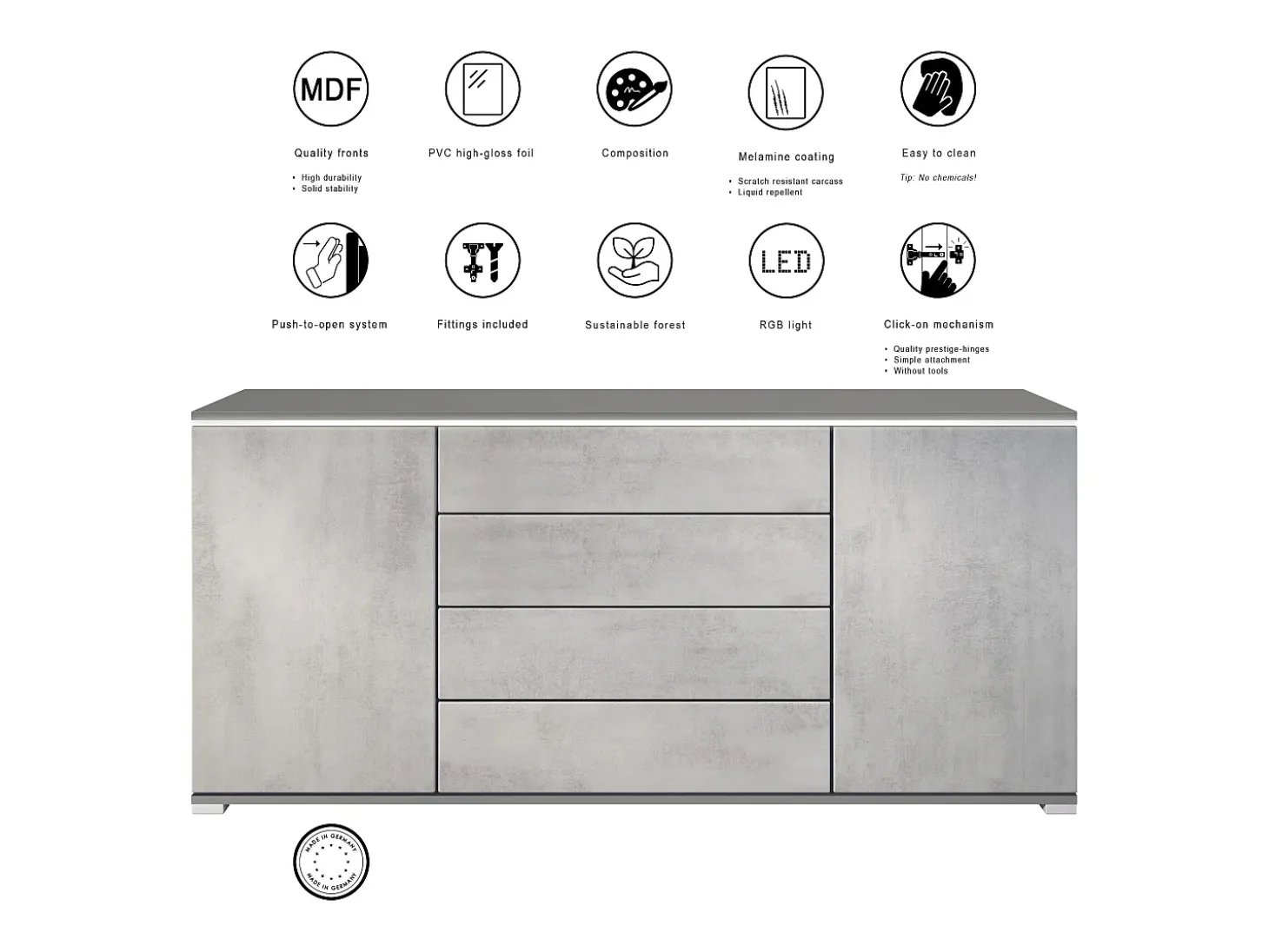 Aparador Faro V2 – Mueble con 2 Puertas y 4 Cajones, Armario con Tira de Luz LED, antracita mate / crema de alto brillo (166,5 x 75,5 x 35)