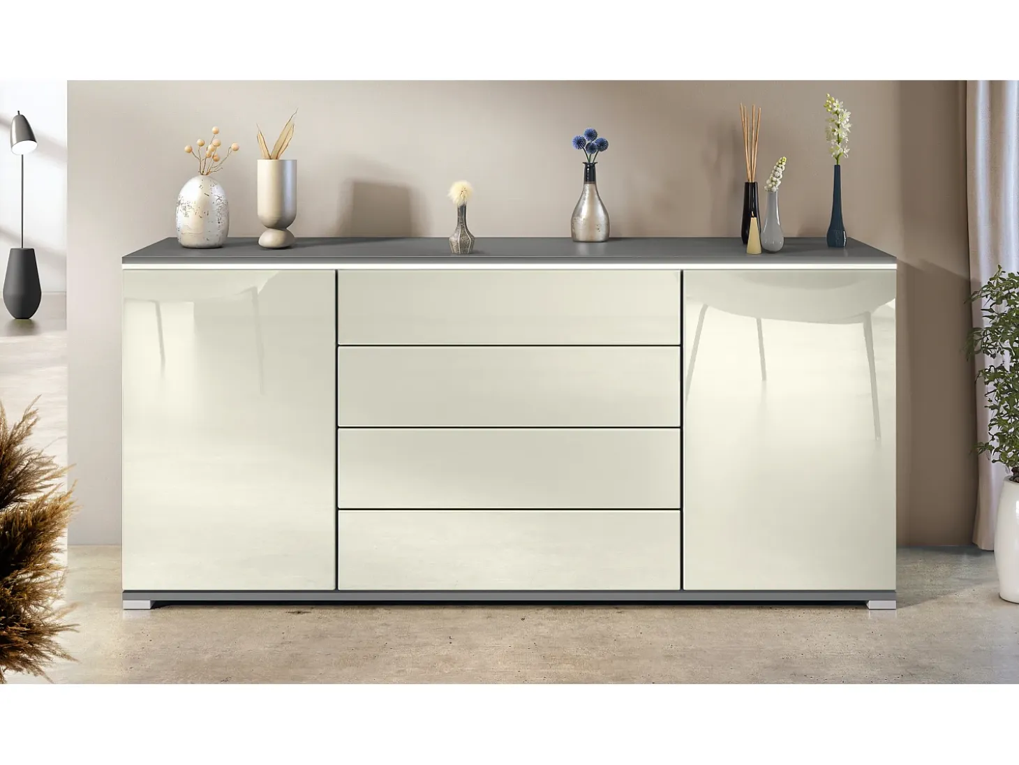 Aparador Faro V2 – Mueble con 2 Puertas y 4 Cajones, Armario con Tira de Luz LED, antracita mate / crema de alto brillo (166,5 x 75,5 x 35)