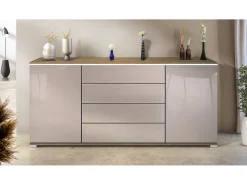 Aparador Faro V2 – Mueble con 2 Puertas y 4 Cajones, Armario con Tira de Luz LED, Roble Evoke / gris arena de alto brillo (166,5 x 75,5 x 35)