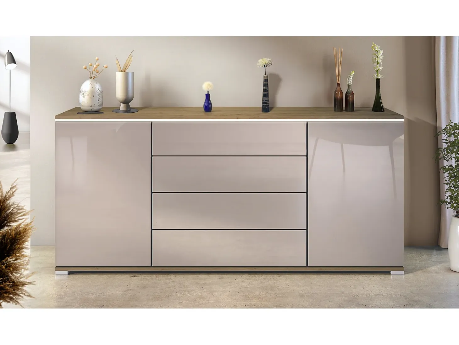 Aparador Faro V2 – Mueble con 2 Puertas y 4 Cajones, Armario con Tira de Luz LED, Roble Evoke / gris arena de alto brillo (166,5 x 75,5 x 35)