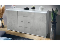 Aparador Faro V1 – Mueble con 2 Puertas y 4 Cajones, Armario con Tira de Luz LED, blanco mate / hormigón oxidado (138,5 x 75,5 x 35)