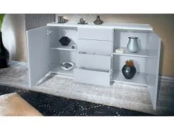 Aparador Faro V1 – Mueble con 2 Puertas y 4 Cajones, Armario con Tira de Luz LED, blanco mate / hormigón oxidado (138,5 x 75,5 x 35)