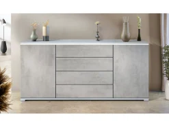 Aparador Faro V2 – Mueble con 2 Puertas y 4 Cajones, Armario con Tira de Luz LED, blanco mate / hormigón oxidado (166,5 x 75,5 x 35)