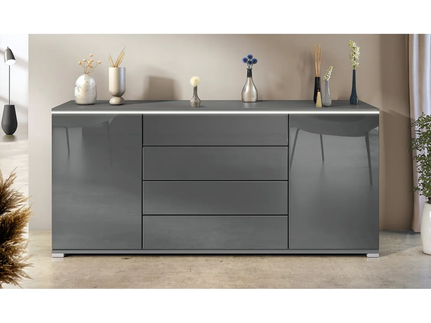 Aparador Faro V2 – Mueble con 2 Puertas y 4 Cajones, Armario con Tira de Luz LED, antracita mate / gris de alto brillo (166,5 x 75,5 x 35)