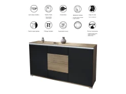 Aparador Faro V1 – Mueble con 2 Puertas y 4 Cajones, Armario con Tira de Luz LED, Roble Evoke / Roble Evoke (138,5 x 75,5 x 35)