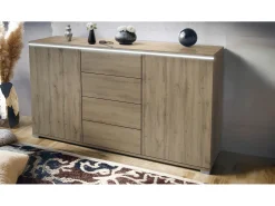 Aparador Faro V1 – Mueble con 2 Puertas y 4 Cajones, Armario con Tira de Luz LED, Roble Evoke / Roble Evoke (138,5 x 75,5 x 35)