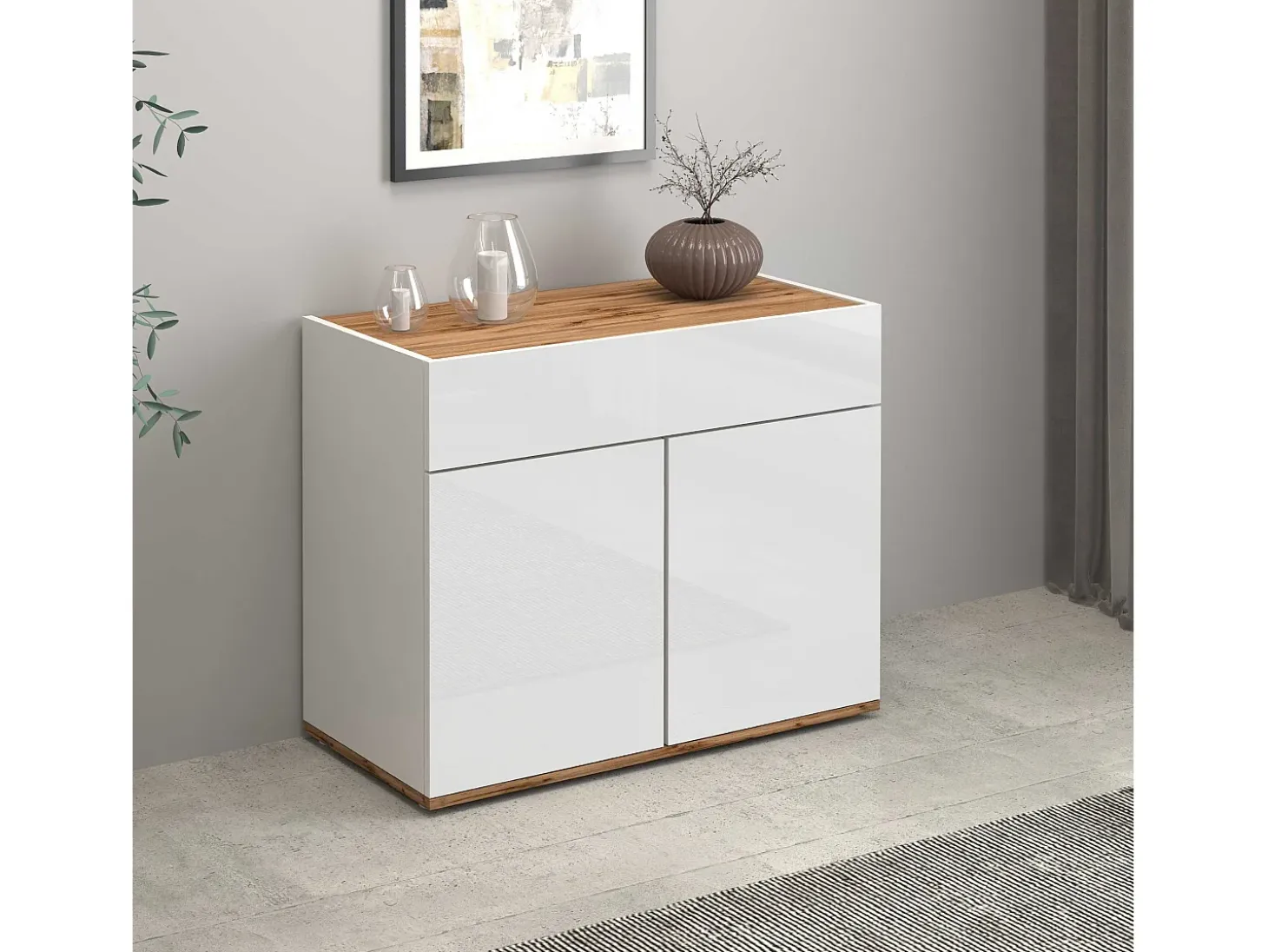 Aparador Garda con 2 puertas y 1 cajón blanco brillo y roble 80,9x35x70 cm