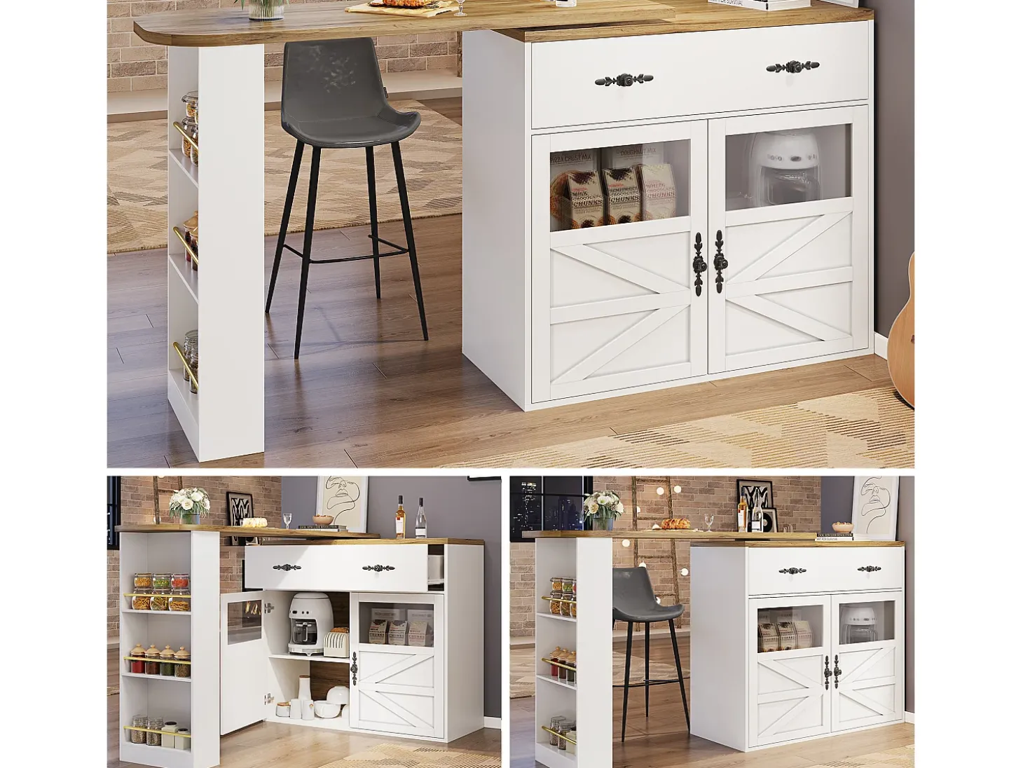 Aparador giratorio con 1 cajón, 2 puertas y estantes, blanco - para comedor y salón