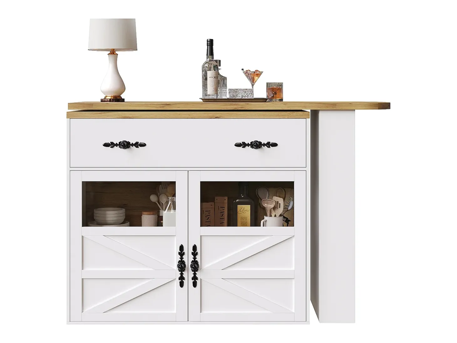 Aparador giratorio con 1 cajón, 2 puertas y estantes, blanco - para comedor y salón